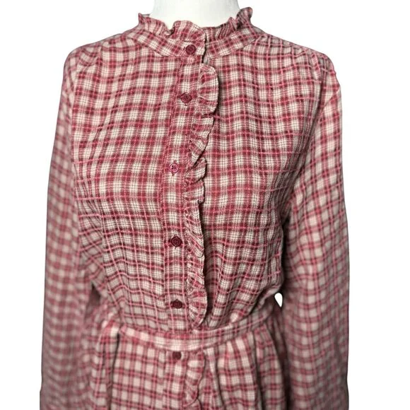 NEW Hem & Thread Womens M Plaid Shirtdress Ruffle Pink White Botton Long Sleeve - Picture 3 of 15